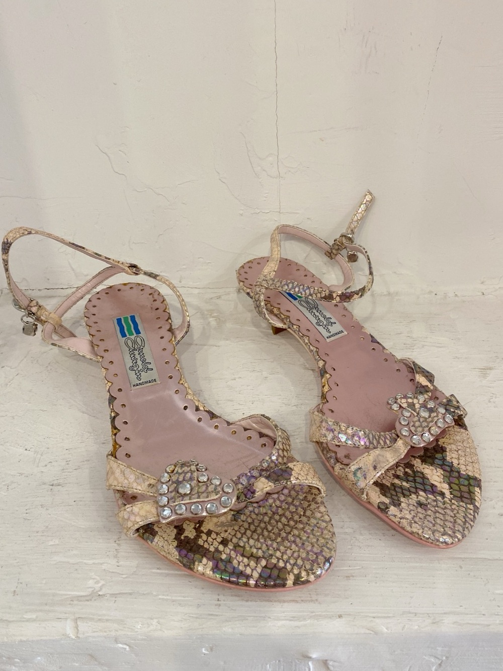 Y2K Cream & Pink Iridescent Snakeskin Kitten Heel Sandals with Rhinestone Hearts